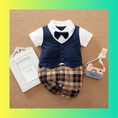 【新品】ベビーフォーマル セレモニー ロンパース 赤ちゃん チェック ベスト 半袖 ネイビー