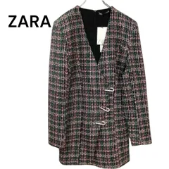 新品未使用タグ付き　ZARA ザラ　ツイード　チェック　ジャケット　ワンピース　XSサイズ　ラメ　ノーカラー　ツイードジャケット XS ピンク×グリーン 金具フックデザイン 未使用タグ付き チェック ノーカラー  ジャケット
