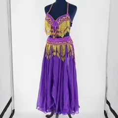 『送料無料』【ベリーダンス用 オリエンタル衣装】パープル×ゴールド ビーズが豪華 紫 フリル レース ゴージャス チョーカー スカーフ付き 煌びやか 鮮やか ブラトップ スカート スリット入り 透け感 スパンコールラメ