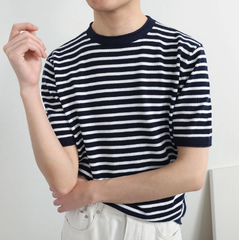 サマーニット メンズ ボーダー トップス クルーネック半袖ニット 半袖 無地 薄手 クルーネック Tシャツ ゴルフ シャツ キレイめ レイヤード 丸首 春 春服 夏 夏服