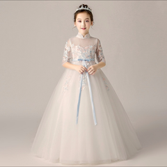 キッズ ドレス パーティー お姫様 ワンピース 子供ドレス ファスナータイプ 子どもドレス 女の子 ロング丈 フォーマル ホワイト ピアノ発表会 花柄 フラワーガール 発表会 ステージ 袖あり 襟あり 可愛い 上品 da571ze