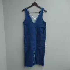 M8187 BAYFLOW ベイフロー デニム パッチワークワンピース 2 Sサイズ 前スリット フリンジ加工 ジャンパースカート インディゴブルー レディース