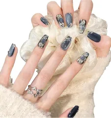 Herbeluemily(ハベルミリィ) ネイルチップ 貼るだけ 簡単 ジェルネイル セルフネイル 付け爪 マグネット ミラー(C ダークブルー,  ロング S)