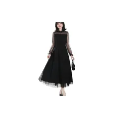 【新品】 [Yino] パーティードレス チュール レディース ワンピース ドット 長袖 フリル 裏地付き 着痩せ ロング丈 女性らしい 可愛い フォーマル 結婚式 二次会 披露宴 同窓会 お呼ばれ 1