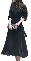 新品 [Four leaf] 上品 プリーツ ロング ワンピース レディース 長袖 春 秋 きれいめ ハイウエスト ドレス ロングワンピ フォーマル セミフォーマル リボン ロング丈 春物 大きいサイズ