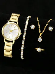 腕時計 レディース セット 6点セット レディース腕時計、ミニマリストでファッショナブルな クォーツ腕時計、合金素材の腕時計とラインストーンジュエリーセット(ネックレス、ピアス、リング、ブレスレット腕時計アクセサリ