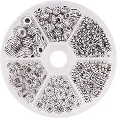 PH PandaHall 約216個/箱 6サイズ 古銀色 合金 スペーサービーズ 菊座 花座 座金 ロンデル メタルビーズ チャーム チベット風 ジュエリー製作 アクセサリーパーツ DIY用 クラフト 手作り素材( 銀古美)