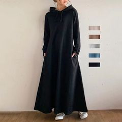 ワンピース パーカーワンピース レディース 新作 フード付き 綿 無地 長袖 パーカー 紐 ロング ワンピ 春 秋 冬 プルオーバー ポケット ゆったり Aライン エレガント カジュアル 体型カバー 通勤 OL