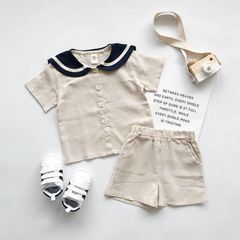 ★送料無料★キッズドレス　コットンマリンセットアップ　子ども服★130㎝　ナチュラル