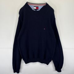 古着 トミーヒルフィガー TOMMY HILFIGER ニット セーター クルーネック ワンポイントロゴ刺繍 M  ネイビー メンズ
