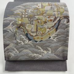 袋帯 美品 名品 夏帯 絽 菱 花 唐織 金銀糸 灰色 六通 正絹