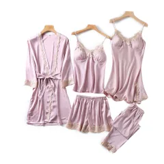 ☆ ピンク ☆ XLサイズ ☆ パジャマ五点セット lypaj1 ルームウェア レディース セット 5点 5点セット ネグリジェ ナイトウェア サテン 上下セット ガウン キャミソール ショートパンツ パンツ ワンピース カップ付き おしゃれ お洒落