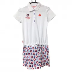 【美品】ルコック 半袖ポロワンピース 白×ブルー スカートイカリ柄 ロゴ刺しゅう  レディース M ゴルフウェア le coq sportif