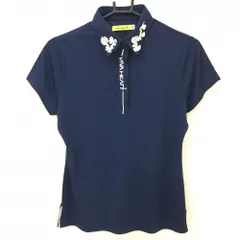 【超美品】ビバハート 半袖ポロシャツ ネイビー×白 襟花 レディース 40(Ｍ) ゴルフウェア VIVA HEART