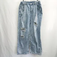 ◇ Θ HOLIDAY ダメージ加工 ワイドデニムパンツ サイズL ライトブルー系 レディース E  【1501230030038】