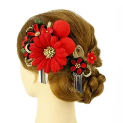 髪飾り 成人式 つまみ細工 赤 振袖 前撮り 袴 浴衣 夏祭り 花火大会 2点セット 黒 ゴールド ちりめん 玉飾り 組紐 ビラ簪 ヘア No.9-3562