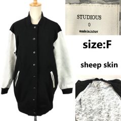日本製★STUDIOUS/ステュディオス★羊革袖スタジアムジャンパー【レディースF/黒×白/裏地迷彩柄】アウター/スナップボタン/スタジャン/College jacket /Jumper◆BJ065-f