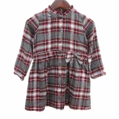 ベベ bebe ワンピース ひざ丈 リボン チェック 長袖 110 グレー 赤 レッド /YK ●RY