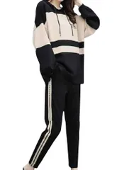 [NOVUS VENTUS] レディース 上下セット プルオーバー セットアップ 部屋着 ジャージ パーカー ゆったり サイズ オール シーズン 軽い 運動 韓国 風 M L 女性 黒 白 くろ しろ ランニング ダンス セール 安い ヨガ スエット  [M]