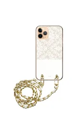iPhone13 mini  ケース アイフォン13 ミニ スマホケース スマホショルダー 肩掛け ハード チェーン付き ダマスク柄 大人 可愛い オシャレ おしゃれ グリーン レッド ホワイト ストラップ くすみカラー 100cm  カラー01