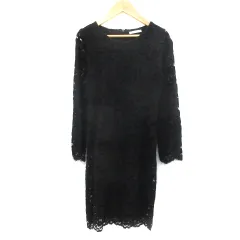 ザラ ZARA ワンピース ひざ丈 長袖 ラウンドネック 総レース S ブラック 黒 /YM45