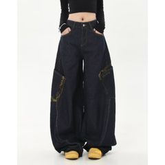 デニム ロングパンツ バレルレッグ レオパード ジーンズ ジーパン レディース 韓国ファッション カーブパンツ ストリート ダンス 衣装 かっこいい デニムパンツレディース 3L パンツ 大人 女の子 バイク バギー ウエスト 太め 極太