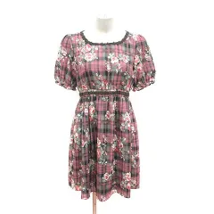 ロディスポット LODISPOTTO フレアワンピース ひざ丈 五分袖 パフスリーブ 花柄 チェック レース クルーネック ウエストマーク M ピンク /CT