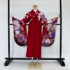 二尺袖 単品 卒業式着物 赤 裄68.5cm Lサイズ  袴用着物 化繊 中古 4533