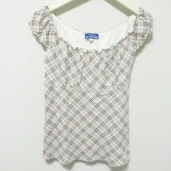 美品 BURBERRY BLUE LABEL バーバリーブルーレーベル ノバチェック柄 メロウフリル フレンチスリーブ カットソー 38 ベージュ レディース 古着 中古 USED