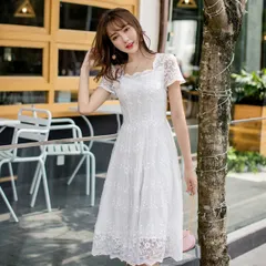 【半額以上セール】レース ワンピース 刺繍 葉 花柄 総レース 膝丈 ひざ丈 袖レース 半袖 シースルー レディース 2色