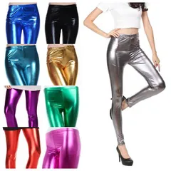 メタリックレギンス レディース 10分丈 スパッツ レギンスパンツ 光沢 レギパン パギンス タイツ 無地 コスプレ衣装 派手 ダンス ヒップホップ シルバー黒ブラック赤レッド緑グリーン紫パープル ゴールドピンク ロイヤルブルーライトブルー★2