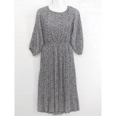 ◇ natural couture 花柄 七分袖 膝下丈 ギャザー ワンピース サイズF ブラック ホワイト マルチ レディース P  【中古】 【1208250003669】
