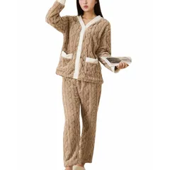 【新品】 [Sesong] ルームウェア 上下セット 前開き もこもこ ふわふわ パジャマ レディース 長ズボン 長袖トップス 大きいサイズ ゆったり あったか フランネル 女性用 ホームウエア 部屋着 室内着 大人 防寒 保温 暖かい 厚手 裏起毛 秋冬 1