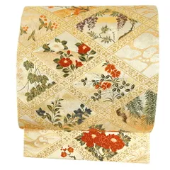 中古 袋帯 西陣織 唐織 正絹 銀地 金糸 菱 花 椿 藤 桔梗 梅 沢瀉 撫子 蔦 薄 すすき 桐箱付き リサイクル 中古 仕立て上がり No.6-1728