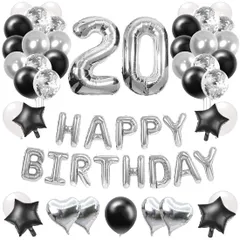 【迅速発送】88枚 20歳 誕生日 飾り付け 風船セット 数字バルーン 組み合わせ 「HAPPY BIRTHDAY」ランド ハート風船 紙吹雪風船 ドットシール 装飾 パーティー お祝い サプライズ シルバー＆ブラック 男の子 女の子