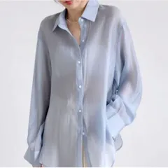 ☆ ブルー ☆ Sサイズ ☆ シャツ 透け感 リラックス lysh1902 シャツ 透け感 レディース シースルーシャツ ブラウス カーディガン 薄手 シースルー 長袖 リボン ボタン ゆったり 襟付き 羽織り 体型カバー 無地 エレガント リラックス 夏