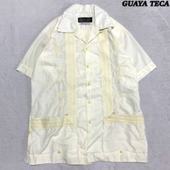 GUAYA TECA メキシコ製 キューバシャツ メキシカンシャツ ワークシャツ オープンカラー 開襟 刺繍 裾ポケット ショートスリーブ 半袖 Lサイズ イエロー 黄色 グワヤテカ グアヤテカ