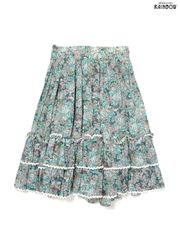 古着 フリル リボン レース 花柄 コットン 膝丈 スカート 緑 (btu2506052)