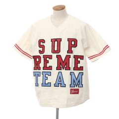 【中古】シュプリーム Supreme 2022年秋冬 Denim Baseball Jersey ライトオンスデニム ベースボールシャツ 半袖シャツ アイボリーxレッド【サイズM】【メンズ】