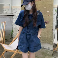 デニムセットアップ 上下セット ツーピース 半袖 デニムジャケット ショート