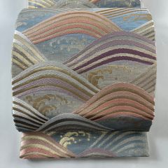 袋帯 秀品 夏帯 波 波頭 唐織 箔 青灰色 六通 正絹 【中古】