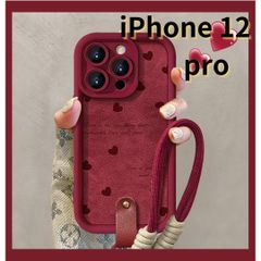 【SHOPS W】iPhone12 pro スマホケース 赤 ラムスキン風 ストラップ付き ハート かわいい E034