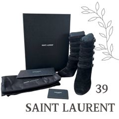 【SAINT LAURENT PARIS】 サンローラン パリ イタリア製 ストラップ スエード ブーツ 39 ブラック バックジップ
