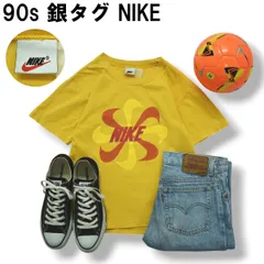 90s ヴィンテージ 銀タグ ナイキ NIKE 風車 スウッシュ ロゴ プリント Tシャツ クルーネック カットソー イエロー スポーツ カジュアル ウェア レディース キッズ ♪