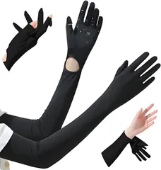 指先までフルカバー ロング フリップ仕様 冷感 日焼け止めUPF50+ UVカット 吸汗速乾 レディース 紫外線対策 アームカバー スポーツ/運転用/自転車 [HUAFIY] 男女兼用