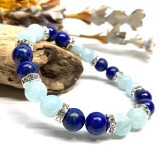 ラピスラズリ&アクアマリン パワーストーン ブレスレット 天然石 (シルバー) 8mm レディース 女性  数珠ブレス 開運 プレゼント ギフト  [5]