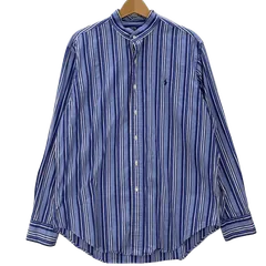 90's Polo by Ralph Lauren 90年代 ポロバイラルフローレン 長袖 ポニー刺繡 ノーカラー ヴィンテージ ストライプ シャツ ボタンダウン ワンポイント刺繍 オーバーサイズ ビッグシルエット スリランカ製 Lサイズ ブルー