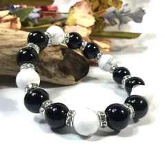 オニキス&ハウライト パワーストーン ブレスレット 12mm （シルバー）メンズ・レディース　男性 [j]・女性　数珠ブレス　開運 [j]　