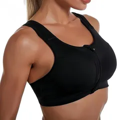 BlueBOA スポーツブラジャー ノンワイヤー ナイトブラ スポブラ 揺れない 大人 前開き ヨガウェア トップス 大きいサイズ 一体型カップ ファスナー 内蔵成型カップ フロントジッパー レディース スポーツウェア ジム(ブラック,  L)