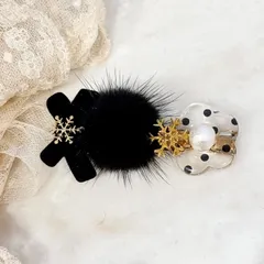 雪の結晶　ミンクファー　ブラック　ヘアクリップ